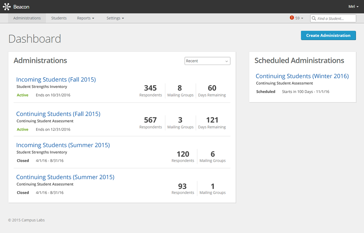 Overview of all Administrations active in the last 90 days