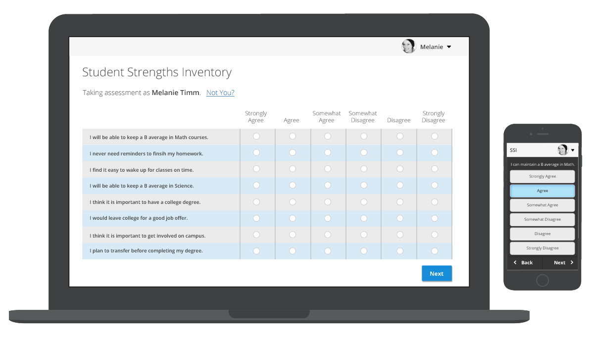 Mockup of Taking Assessment screens