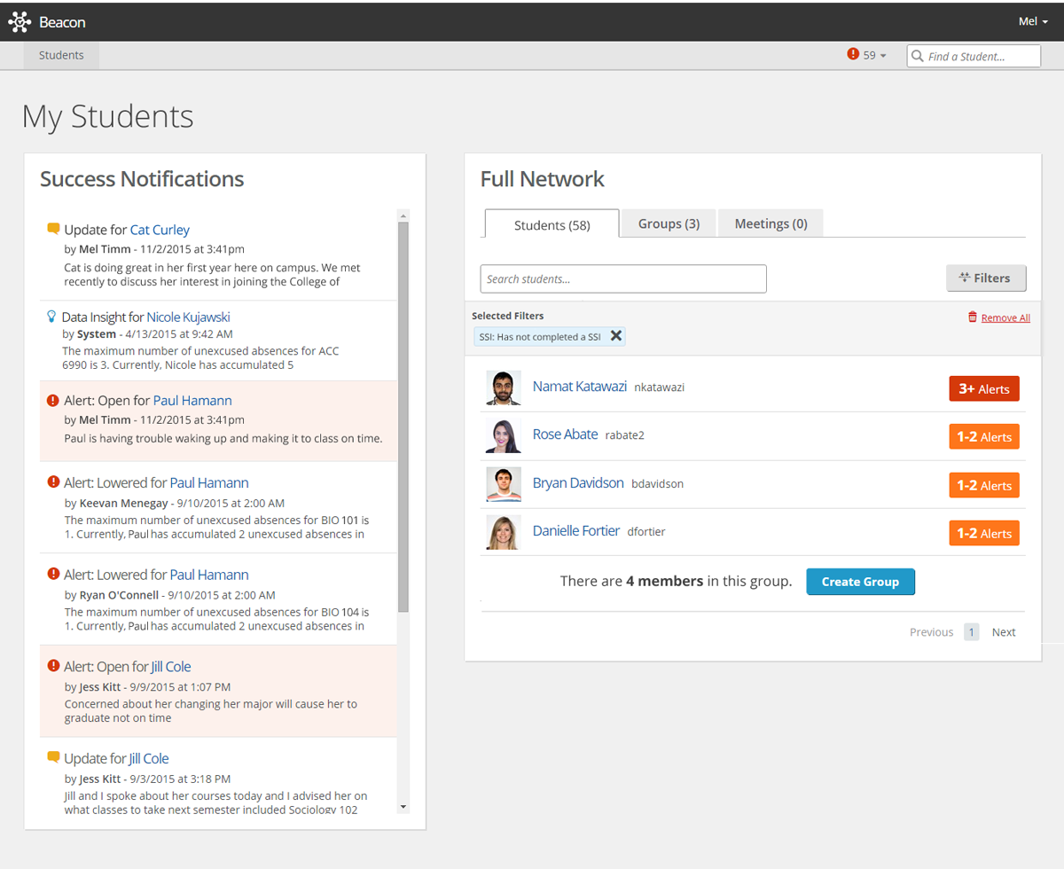 Student List filterd by 'Student has not completed the SSI'