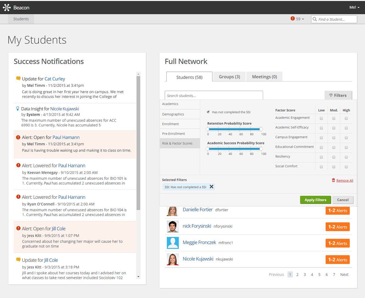 Student List with Filters menu open