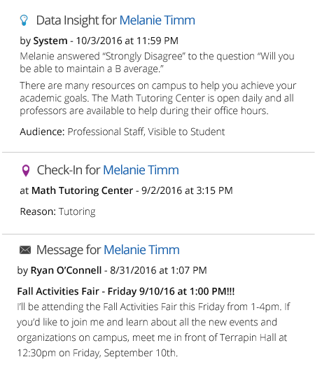 Examples of System created notifications: Data Insights, Check-Ins, and Group Messages