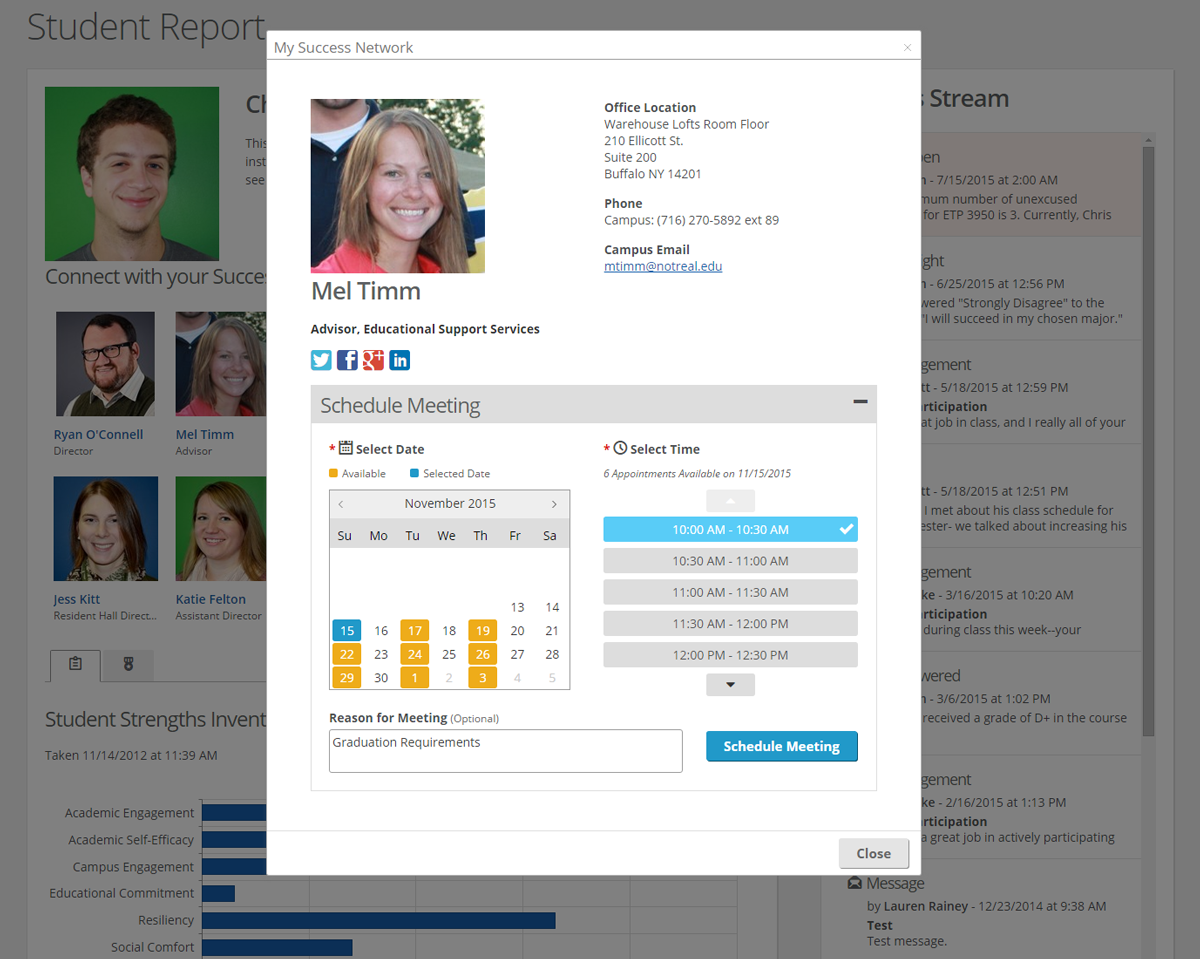 Advisor Details modal with Scheduling option available